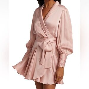 Zimmermann Silk Wrap V-Neck Mini Dress in Blush Pink
